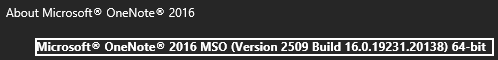 When I click on the button next to that text, it shows something different: 2016 MSO (Version 2509 Build 16.0.19231.20138) 64-bit