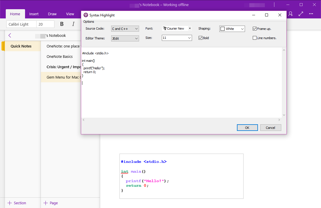 Gem Menu for OneNote UWP - Syntax Highlight